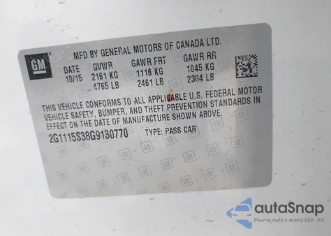 2016 Chevrolet Impala 2Lt z USA, uszkodzony, nr VIN 2G1115S38G9130770